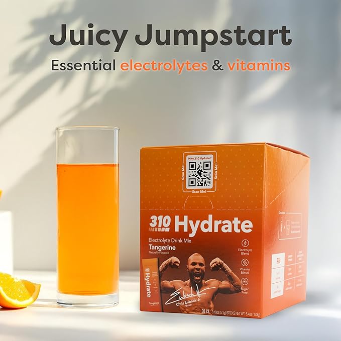 310 Nutrition Sugar Free Electrolytes Powder - Instant Hydration Packets Chris Eubank Jr. Edition - Caffeine-Free Rehydration Drink Mix w/Vitamin, Low Calorie & Keto Friendly - Tangerine 15 Singles