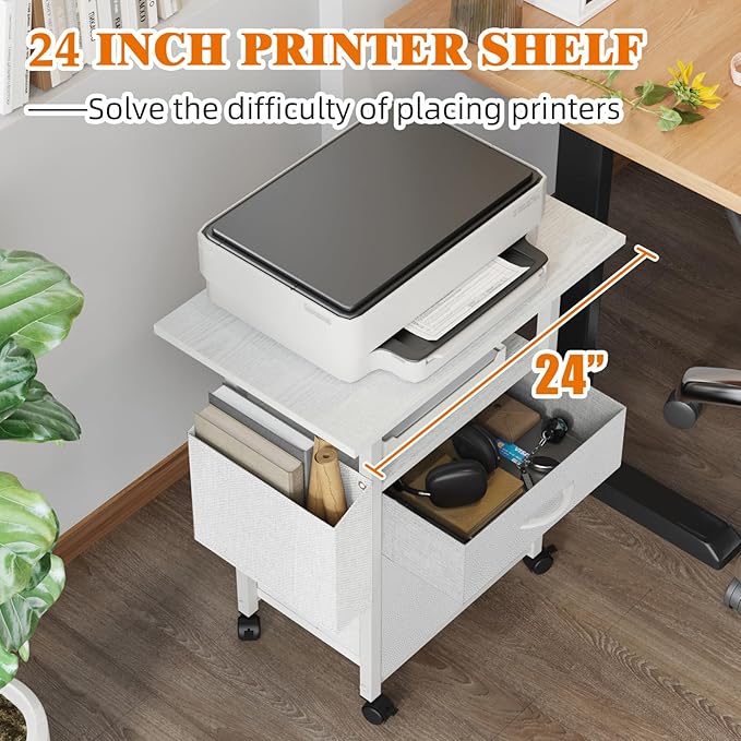 GYIIYUO 2 Fabric Drawer File Cabinet with 24'' Extended Desktop, Mobile Filing Cabinet, Rolling File Cabinet with Side Bag, Fits A4 Size, Home Office, White