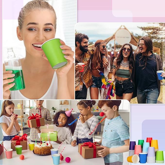 Dingion 300 pcs Colorful Paper Cups 8 oz Valentine Hot Cups Disposable Mouthwash Holiday Party Cup for Tea Coffee Valentine New Year Birthday Party