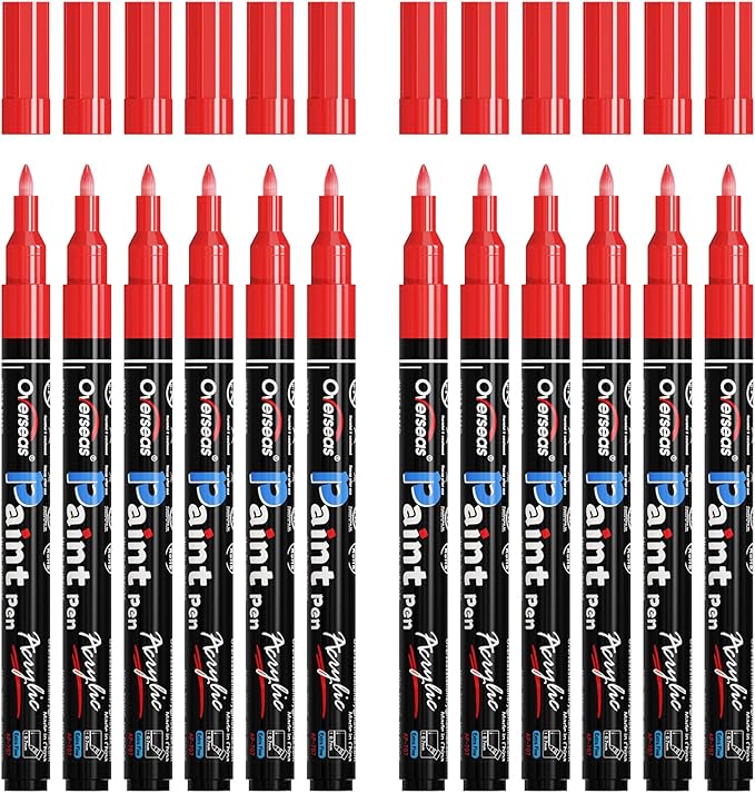 Overseas Paint Markers Pens - Red Permanent Markers Acrylic Paint Pens 12 Pack, Water Based, Waterproof, 0.7mm Extra Fine Tip Acrylic Marker for Wood, Metal, Rock, Plastic, Glass, Canvas, Fabric