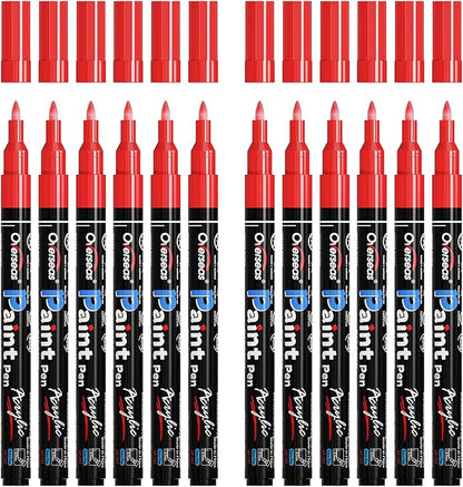 Overseas Paint Markers Pens - Red Permanent Markers Acrylic Paint Pens 12 Pack, Water Based, Waterproof, 0.7mm Extra Fine Tip Acrylic Marker for Wood, Metal, Rock, Plastic, Glass, Canvas, Fabric