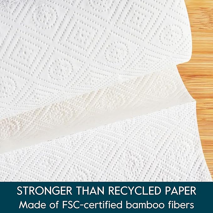Grove Co. Bamboo Paper Towels, Tree Free & Sustainable Kitchen Paper Towels, Strong & Absorbent with Custom Select Sheets for Less Waste, Zero Plastic Waste. 140 x 2-ply Sheets per Roll, 6 Pack Rolls