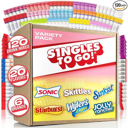 Singles To Go! 120ct Bulk Variety Pack - 20 Different Flavors from Skittles, Sonic, Sunkist, Starburst and More - Sugar Free Drink Mix Packets - Sugar Free Water Flavoring Packets