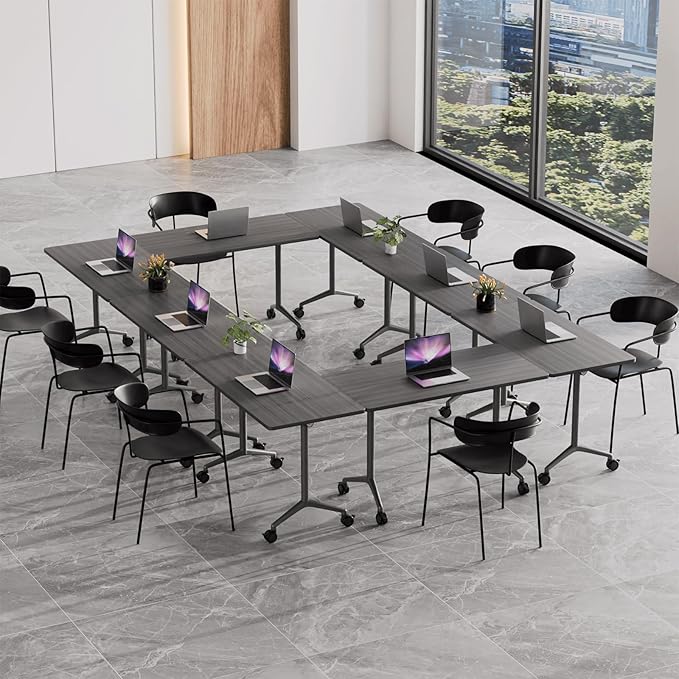 Conference Room Table, 55 Inch Folding Conference Tables with Wheels, Modern Office Meeting Table, Easy Flip & Nest Design, Rectangular Seminar Tables with Metal Frame for 2-24 People (N, 8PCS)