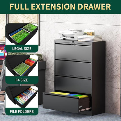 4 Drawer Lateral File Cabinet with Lock, Metal File Cabinets for Home Office, Steel Heavy-Duty Filing Storage Cabinet for Letters/Legal/A4 (Require Assembly, Black)