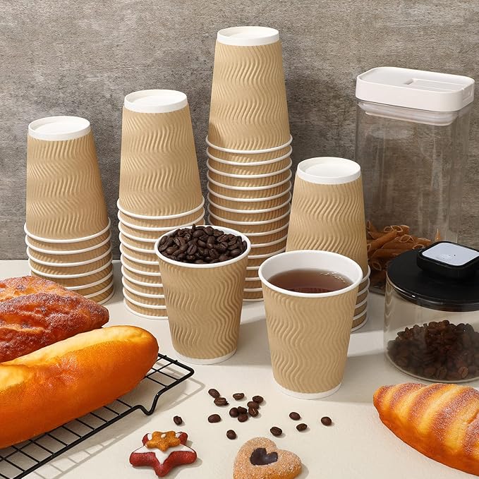 Foaincore 200 Pack 12 oz Brown Paper Cups, Disposable Ripple Insulated Hot Beverage Cups for Coffee, Tea, Hot Chocolate, Cold Drinks, Party & Events