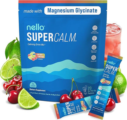 Nello Supercalm Powdered Drink Mix, Cortisol Reducer* and Sleep Aid Supplement, L Theanine, Ksm-66 Ashwagandha, Magnesium Glycinate, Vitamin D 3, No Sugar, Non GMO, On The Go, 20 Ct, Cherry Limeade