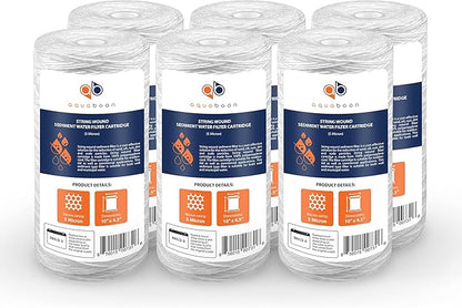Aquaboon 5 Micron Water Filter 10 x 4.5 inch - String Wound Water Filter for Whole House System - Compatible with 84637, WPX5BB97P, PC10, 355214-45, 355215-45, WP10BB97P, WP5BB97P (6 Pack)
