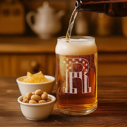 Monogram Beer Glasses for Men (A-Z) 16 oz - Beer Gifts for Men Brother Son Dad Neighbor - Unique Gifts for Him - Personalized Drinking Gift Beer Glass Mugs - Engraved Beer Can Glass (R)