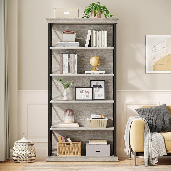 Tribesigns 6-Tier Bookcase, 71 Inches Industrial Bookshelves and Bookcases, Floor Standing 5 Shelf Display Storage Shelves Tall Bookcase for Home Office, Living Room, Bed Room, Grey and Black