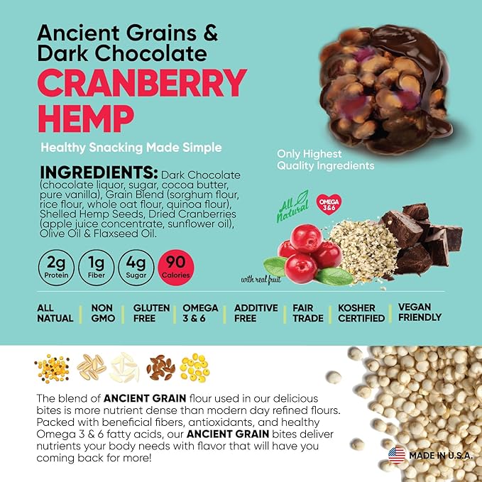 Good Source Snacks Dark Chocolate Bites & Ancient Grains, Cranberry Hemp, 9 Pack, 3 oz, Vegan, Gluten Free, Non GMO, Kosher Protein Bites