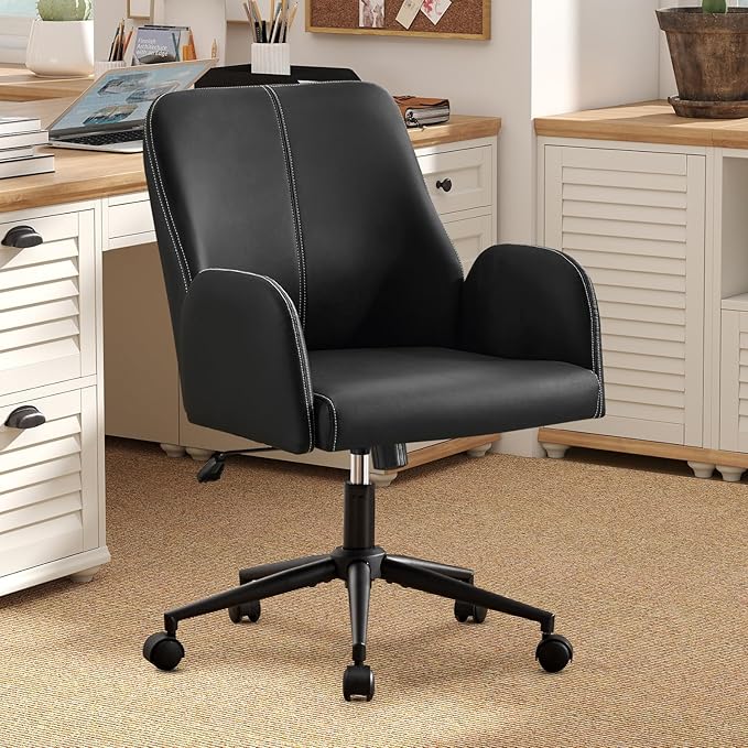 Furniliving Home Office Desk Chair, Ergonomic Leather Office Chair with Wheels, Comfortable Rolling Task Chair Adjustable Height, Black