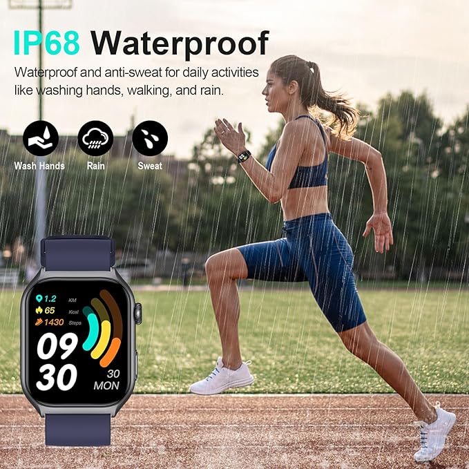 Digital Watch with 2" HD Color Screen, 45 Days Long Battery, IP68 Waterproof, Answer/Make Call/Quick Reply/AI Voice Assistant, 100+ Sport Modes, Health Fitness Tracker for Android and iOS (Blue)