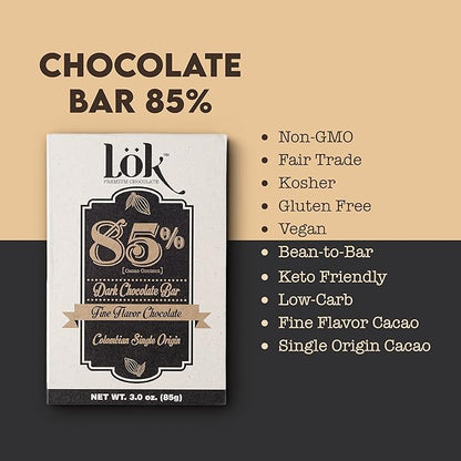 Lok Dark Chocolate Bar 85% Cacao | Fair Trade, Non-GMO, Kosher, Gluten Free, Vegan, Bean-to-Bar, Keto Friendly, Low-Carb, Paleo Lök | 3.0 Ounce 6 Pack