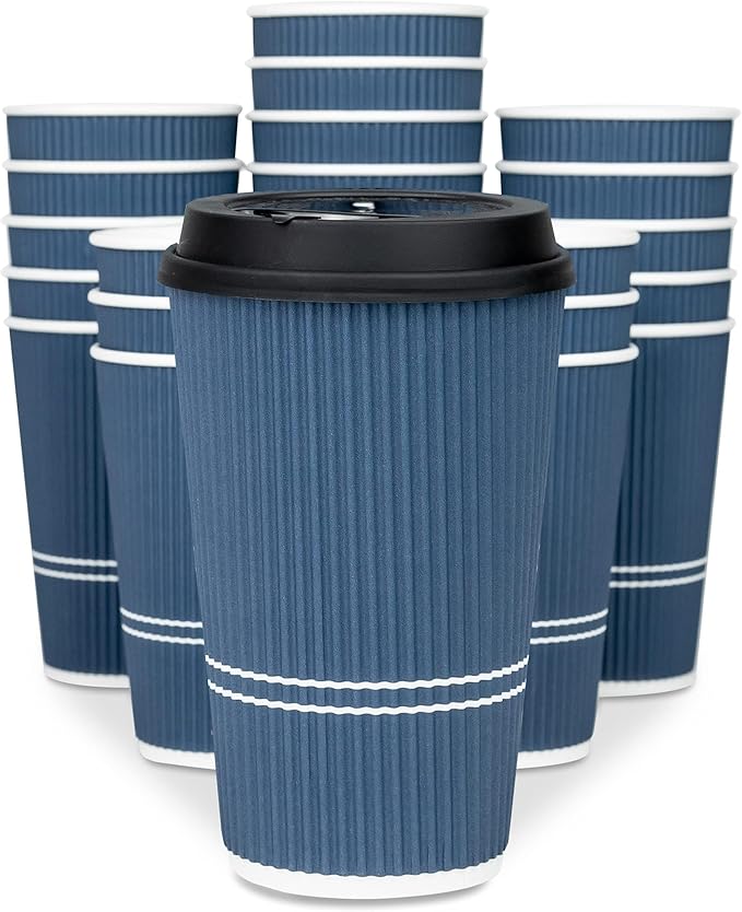 Disposable Coffee Cups With Lids - 16 oz To Go Coffee Cup (70 Set). Large Travel Cups Hold Shape With Hot and Cold Drinks, No Leaks! Insulated Ripple Cup Protect Hands, No Sleeves needed!