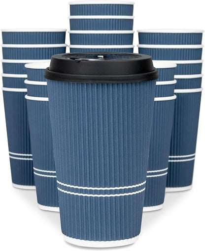 Disposable Coffee Cups With Lids - 16 oz To Go Coffee Cup (70 Set). Large Travel Cups Hold Shape With Hot and Cold Drinks, No Leaks! Insulated Ripple Cup Protect Hands, No Sleeves needed!