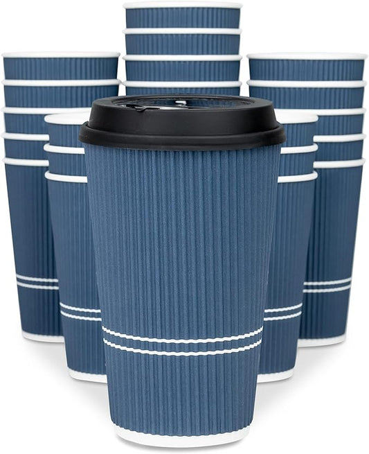 Disposable Coffee Cups With Lids - 16 oz To Go Coffee Cup (70 Set). Large Travel Cups Hold Shape With Hot and Cold Drinks, No Leaks! Insulated Ripple Cup Protect Hands, No Sleeves needed!