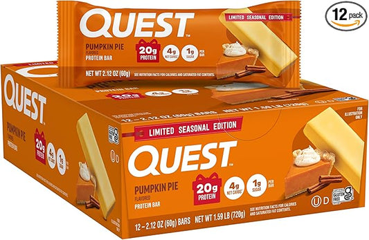 Quest Nutrition Pumpkin Pie Protein Bar, 20g Protein, 4g Net Carb, 1g Sugar, Gluten Free, 12 Count