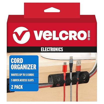VELCRO Brand Cord Organizer for Desk & Nightstand, 5 Cable Slots with Sleeve Routing, Adhesive Wire Holder for Cord Management, Home, Workshop, Gaming & Office Essentials, Black 2 Pack