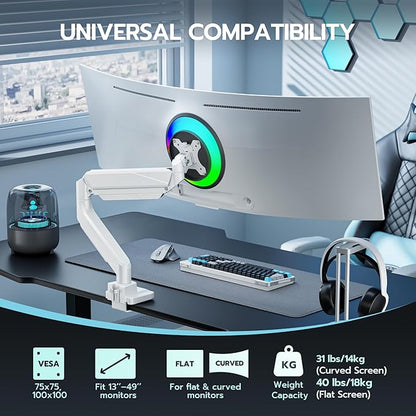 ARES WING Ultrawide Monitor Arm, Heavy Duty Single Monitor Mount for 13"-49" Curved Screens, Adjustable Stand for Desk with C-clamp & Grommet Base up to 40 LBS, White