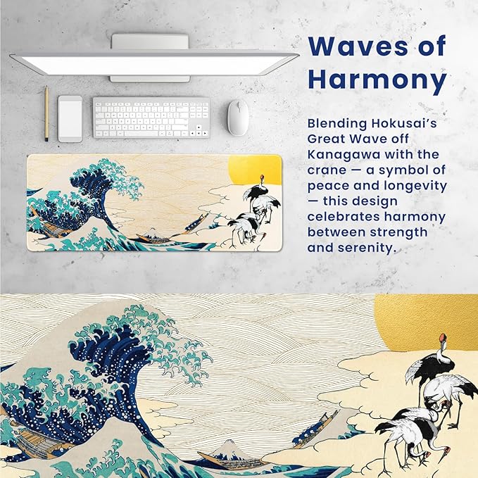 BELLEMOND Japanese Art Desk Mat | Large 31.5x11.8in Desk Pad | Mouse Pad for Keyboard & Mouse | Non-Slip Base, Water-Repellent, Smooth Precision | Waves of Harmony