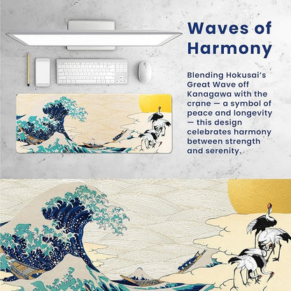 BELLEMOND Japanese Art Desk Mat | Large 31.5x11.8in Desk Pad | Mouse Pad for Keyboard & Mouse | Non-Slip Base, Water-Repellent, Smooth Precision | Waves of Harmony