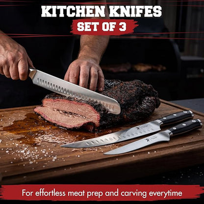 KITCHEN PERFECTION 3-Piece BBQ Slicing & Carving Meat Knife Set -12” Brisket Knife, 10” Butcher Knife, 6” Boning Knife with Sheaths -Razor Sharp German Steel,Full Tang Ergonomic Handles- Gifts for Men