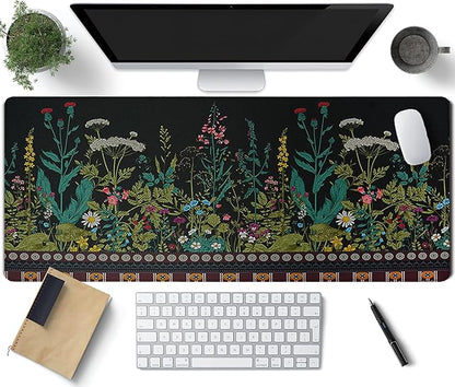 Flowers & Plants Patterns Desk Mat, Large Gaming Mouse Pad Non-Slip Rubber Base with Stitched Edges, Waterproof Protection for PC Laptop Home Office Desk Decor (31.5x11.8in)