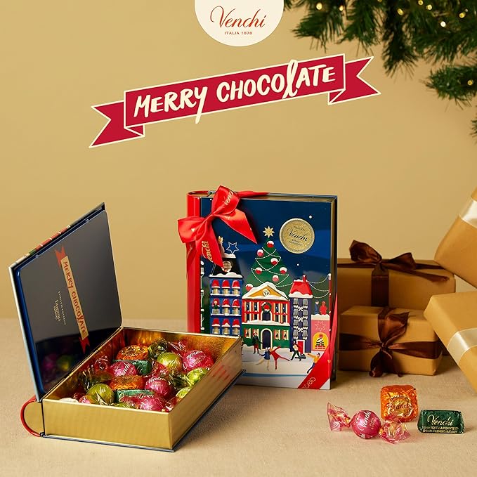 Venchi - Maxi Christmas Book with Assorted Chocolates, Gianduiotto and Chocoviar, Limited Edition, Gluten-Free, No Colourings or Preservatives, Gift Idea
