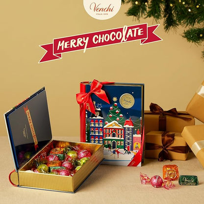 Venchi - Maxi Christmas Book with Assorted Chocolates, Gianduiotto and Chocoviar, Limited Edition, Gluten-Free, No Colourings or Preservatives, Gift Idea