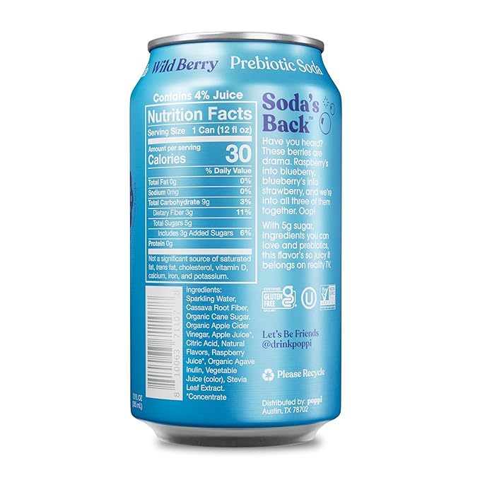 POPPI 12oz Sparkling Prebiotic Soda, Beverages w/Apple Cider Vinegar, Seltzer Water & Fruit Juice, Wild Berry, (12 Pack)