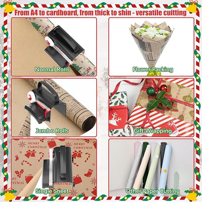 2-Pack Wrapping Paper Cutter & Tape Dispenser, Make Cutting Easily Safely and Efficient, Straight Sliding Tool for Christmas Gift, with 4 Tapes, 2 Replace Blades Kit, Black and Red