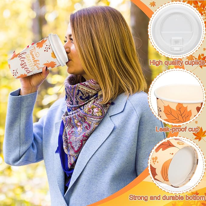 Umigy 120 Pack Fall Paper Coffee Cups 16 oz Thanksgiving Paper Hot Cup Disposable with Lids and Stirrers Beverage Drinking Cup with 6 Designs for Juice Water Coffee Tea for Home Shops