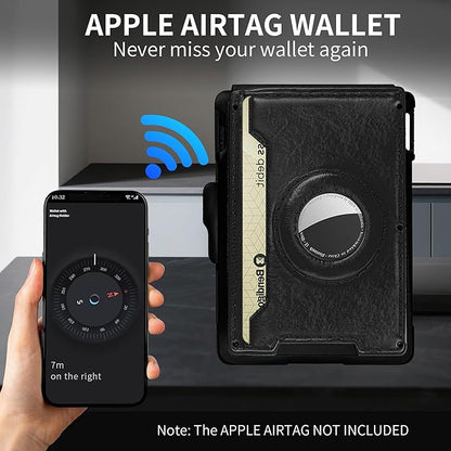 Compatible with Air Tag Wallet for Men, RFID Blocking Slim Minimalist Bifold Wallet with Pop Up Aluminum Card Case, Leather Credit Card Holder with Money Clip & ID Window, Holds 9–12 Cards, (black)