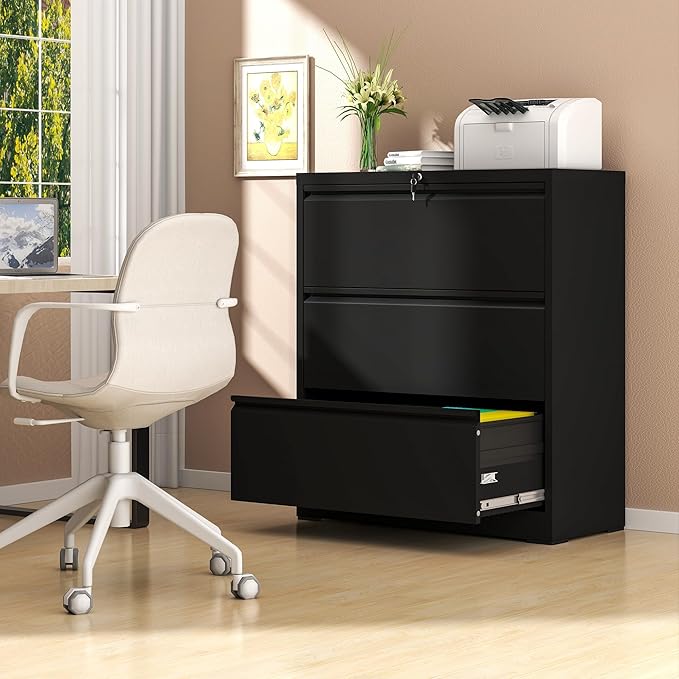 File Cabinet with Lock, 3 Drawer Lateral Filing Cabinet for Home Office, Black Metal Heavy Duty File Cabinets for Hanging Letter/Legal/F4/A4 Size Files, Assembly Required