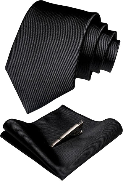 JEMYGINS Solid Color Formal Necktie and Pocket Square Tie Clip Sets for Men