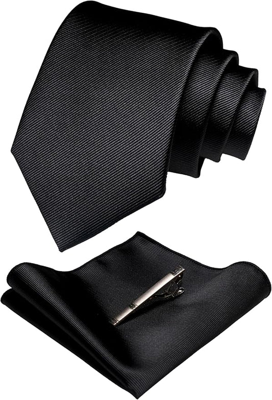 JEMYGINS Solid Color Formal Necktie and Pocket Square Tie Clip Sets for Men