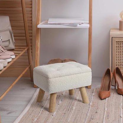 Storage Ottoman, Small Foot Stool Ottoman with Storage, Boucle Teddy Velvet Foot Rest with Padded Seat, Sturdy Wood Legs Stool for Living Room, Bedroom, Couch, Enterway (Cream)