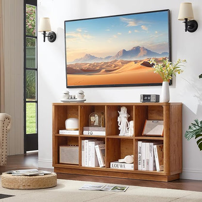 8 Cube Storage Book Shelf, 52" Long Horizontal Bookshelf with Curved Edge, Floor Standing Wooden Cubby Bookcase with Base, Modern Low Console Book Case, TV Stand for Living Room, Orange Oak