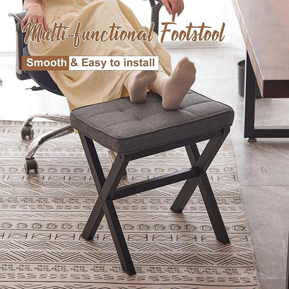 FILWH Bamboo Foot Rest Ottoman - Small Padded Desk Foot Stool for Office & Vanity - Black Legs + Gray