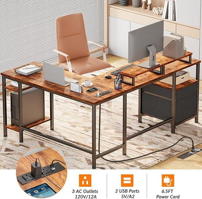 Furologee 59” L Shaped Desk with Power Outlet, Reversible Computer Desk with File Drawer & 2 Monitor Stands, Corner Home Office Table with Storage Shelves for Gaming Writing, Rustic Brown