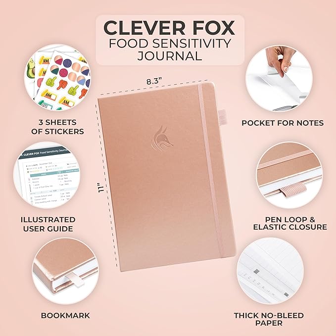 Clever Fox Food Sensitivity Journal Large – Daily Intolerance & Symptom Log for IBS, Diabetic, Low Fodmap, Elimination Diet – Health Tracker, 8.3x11” (Rose Gold)
