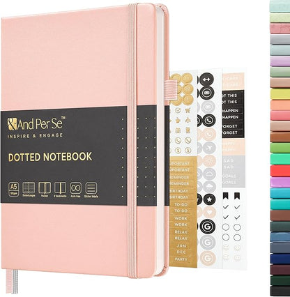 A5 Hardcover Leather Bullet Dotted Journal, 160 Pages 100 gsm Thick Paper，3 Sheets of Stickers Included - 5.7'' x 8''（Pink）