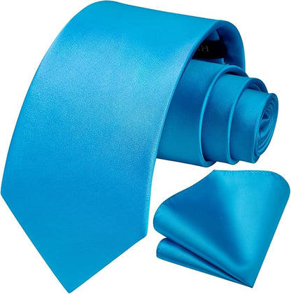 HISDERN Mens Solid Color Ties Formal Satin Necktie and Pocket Square Set Classic Wedding Business Tie & Handkerchief