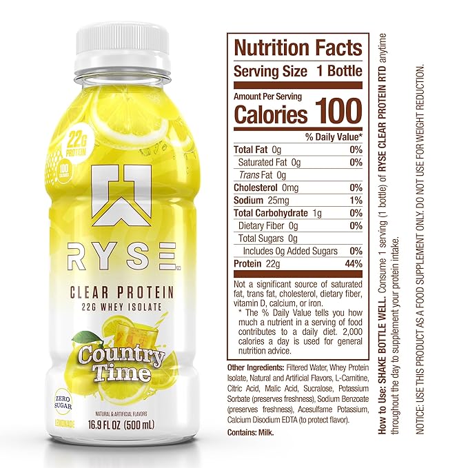 RYSE Clear Protein Drink - Country Time Lemonade - 100 Calories, 22g Whey Isolate Protein Shake, Sugar-Free, 0g Fat & Lactose-Free - Refreshing Ready-to-Drink Beverage - 16.9 fl oz Bottles (12-Pack)
