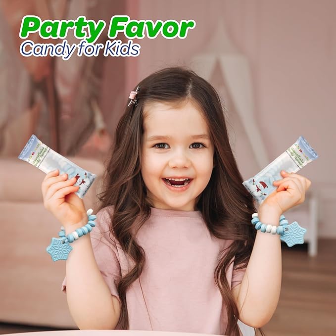 4E's Novelty Christmas Candy Bracelets - 30-Pack Snowflake Stretchable Bulk Candies Individually Wrapped, Fun Christmas Stocking Stuffers & Party Favor Candy for Kids, Blue & White Candies Bracelet