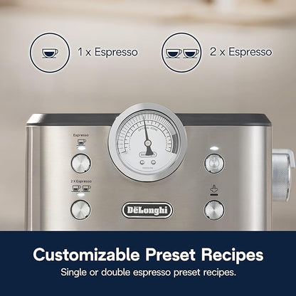 De’Longhi Classic Espresso Machine with Milk Frother, 15-Bar Pump & Temperature Control - Barista Coffee Maker Kit for Espresso, Latte, Cappuccino & Iced Coffee - Italian Stainless Steel Design