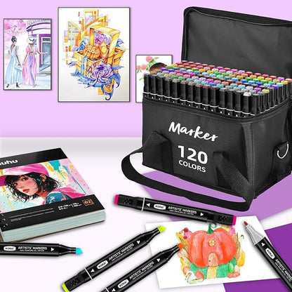 120 Alcohol Markers for Adult Coloring Books, Dual Tip Art Markers for Adults Coloring, Illustrations, Drawing, Sketching with Carrying Case