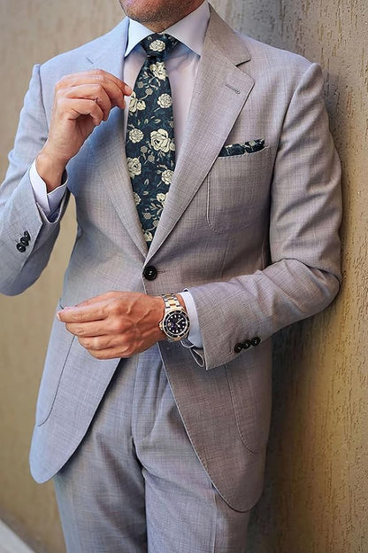 HISDERN Men Floral Ties Woven Classic 3.4" Necktie Set Formal Tie Pocket Square for Wedding with Handkerchief Gift Box