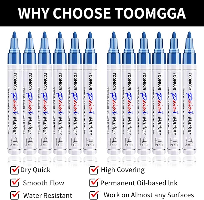 Permanent Paint Pens Blue Paint Markers 12 Pack Oil Based Markers, Quick Drying and Waterproof Marker Pen, Car Tire, Metal, Rock Painting, Wood, Plastic, Canvas, Craft Supplies for Adults